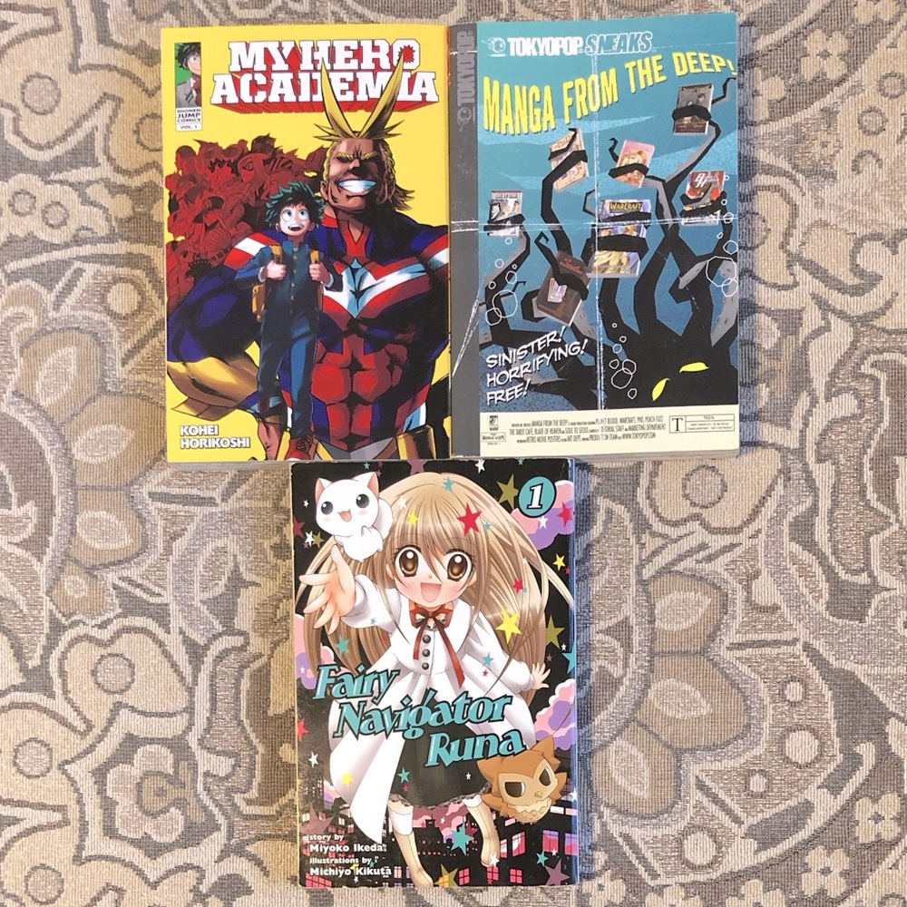 3 Manga Anime Books: Manga from the Deep, My Hero Academia, Fairy Navigator Runa